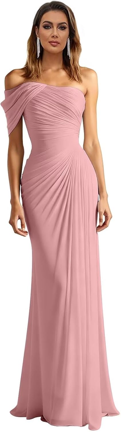 One Shoulder Chiffon Bridesmaid Dresses Pleated Mermaid Long Formal Gowns Wedding Guest Dress