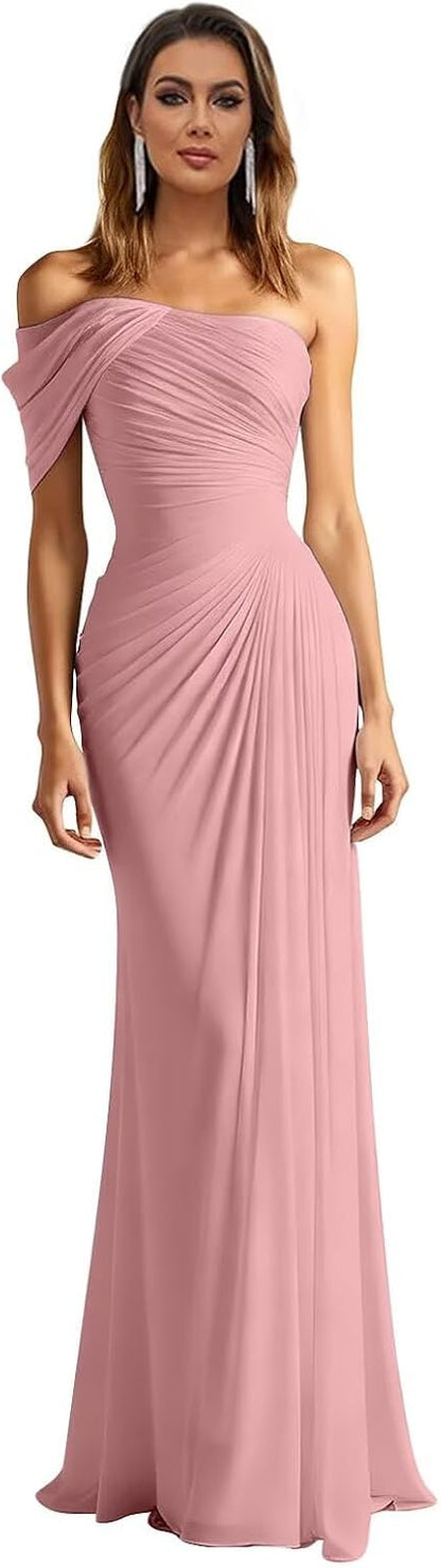 One Shoulder Chiffon Bridesmaid Dresses Pleated Mermaid Long Formal Gowns Wedding Guest Dress