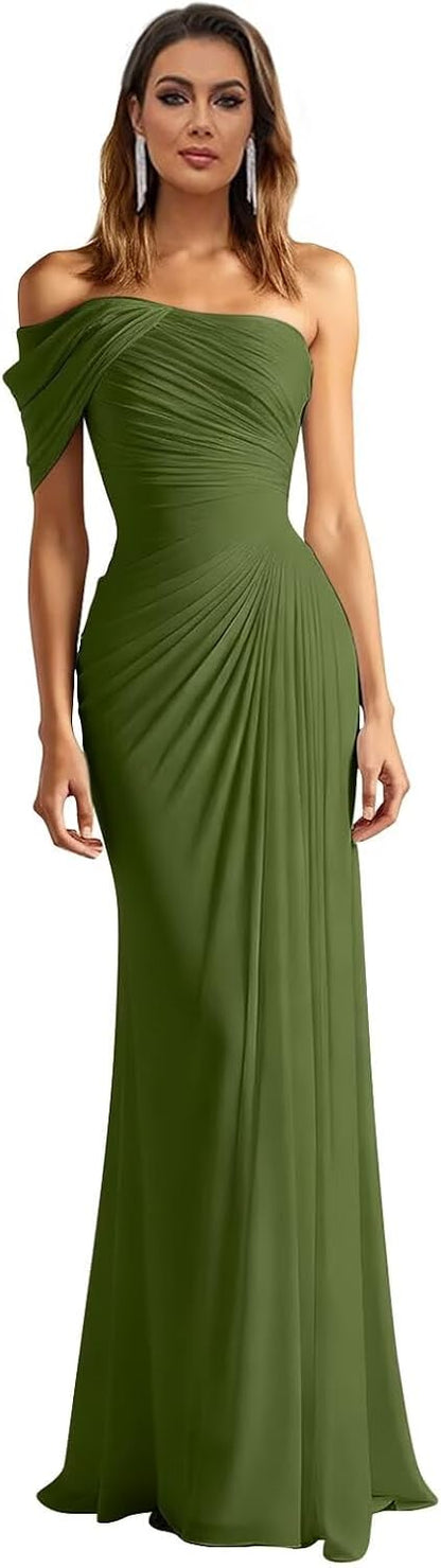 One Shoulder Chiffon Bridesmaid Dresses Pleated Mermaid Long Formal Gowns Wedding Guest Dress
