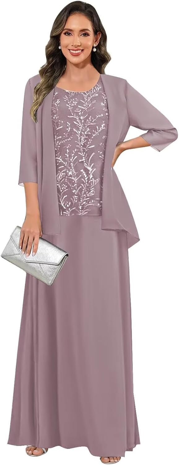 3 Pieces Mother of The Bride Dresses for Women 3/4 Sleeves Chiffon Lace Long Formal Wedding Guest Dress