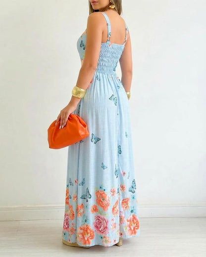 CHICME Women’s Floral Butterfly Print Linen Maxi Dress Quare Neck Strap Shirred Bodice Flowy Boho Summer Beach Dress