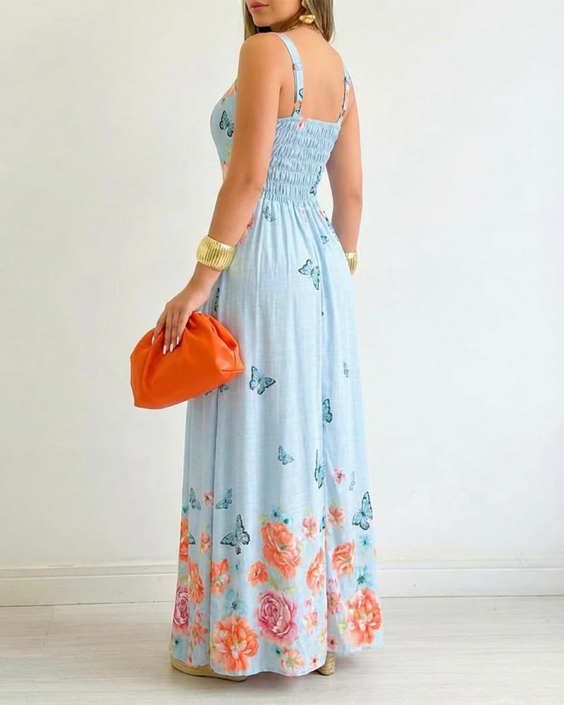 CHICME Women’s Floral Butterfly Print Linen Maxi Dress Quare Neck Strap Shirred Bodice Flowy Boho Summer Beach Dress