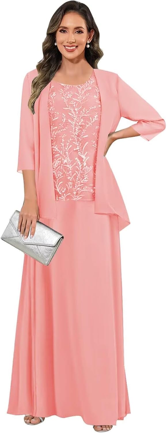 3 Pieces Mother of The Bride Dresses for Women 3/4 Sleeves Chiffon Lace Long Formal Wedding Guest Dress