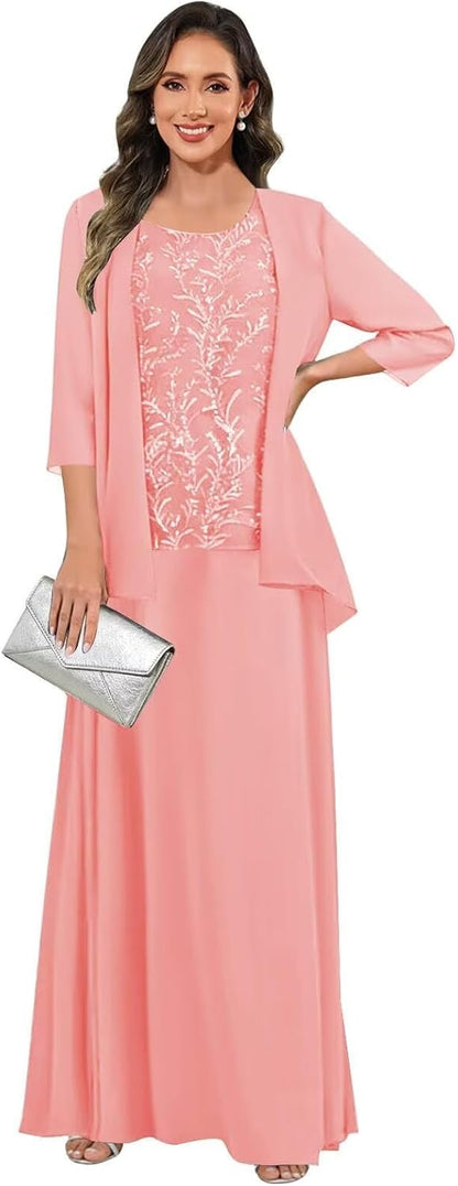 3 Pieces Mother of The Bride Dresses for Women 3/4 Sleeves Chiffon Lace Long Formal Wedding Guest Dress