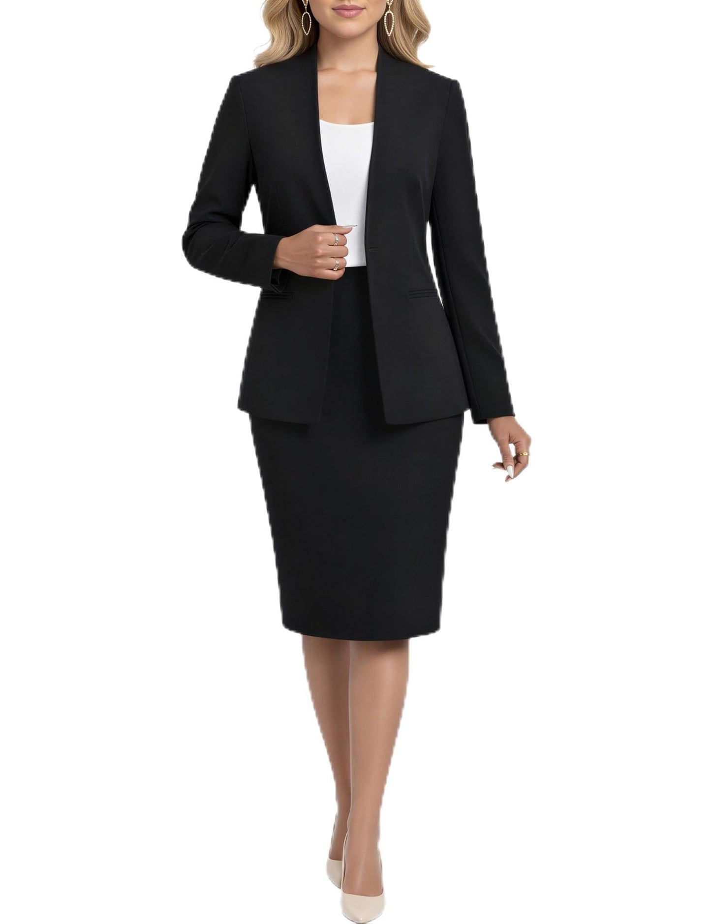 Women's 2 Piece Business Suit Skirt Set Collarless Blazer Jacket & Pencil Skirt Office Work Professional Outfits