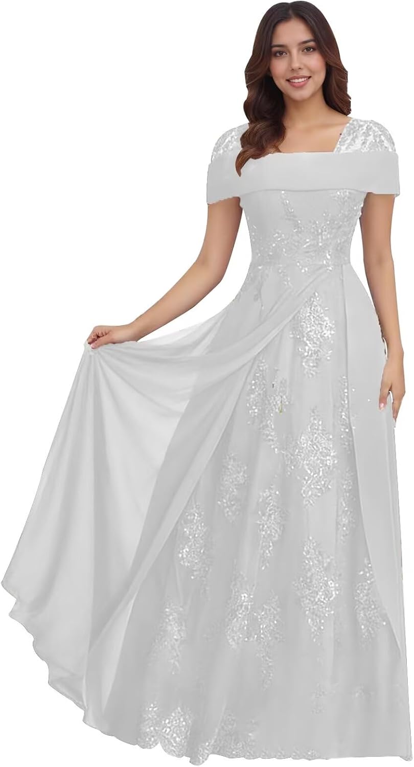 Lace Sequin Applique Mother of The Bride Dresses for Wedding Cap Sleeve A Line Long Wedding Guest Dresses for Women