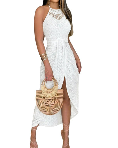 CHICME Womens Summer Halter Dress Hollow Out A Line Vacation Dresses with Eyelet Embroidery & Side Slit