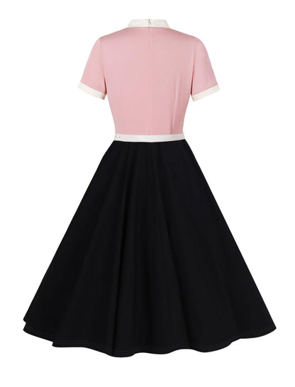 50s Style Dresses for Women Vintage Short Sleeve Tie Neck Swing Dress Midi Prom Dress with Belt