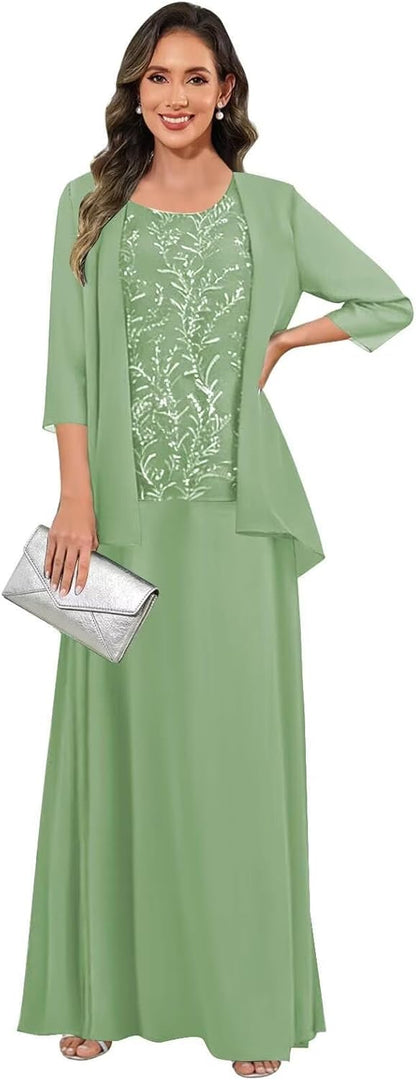 3 Pieces Mother of The Bride Dresses for Women 3/4 Sleeves Chiffon Lace Long Formal Wedding Guest Dress