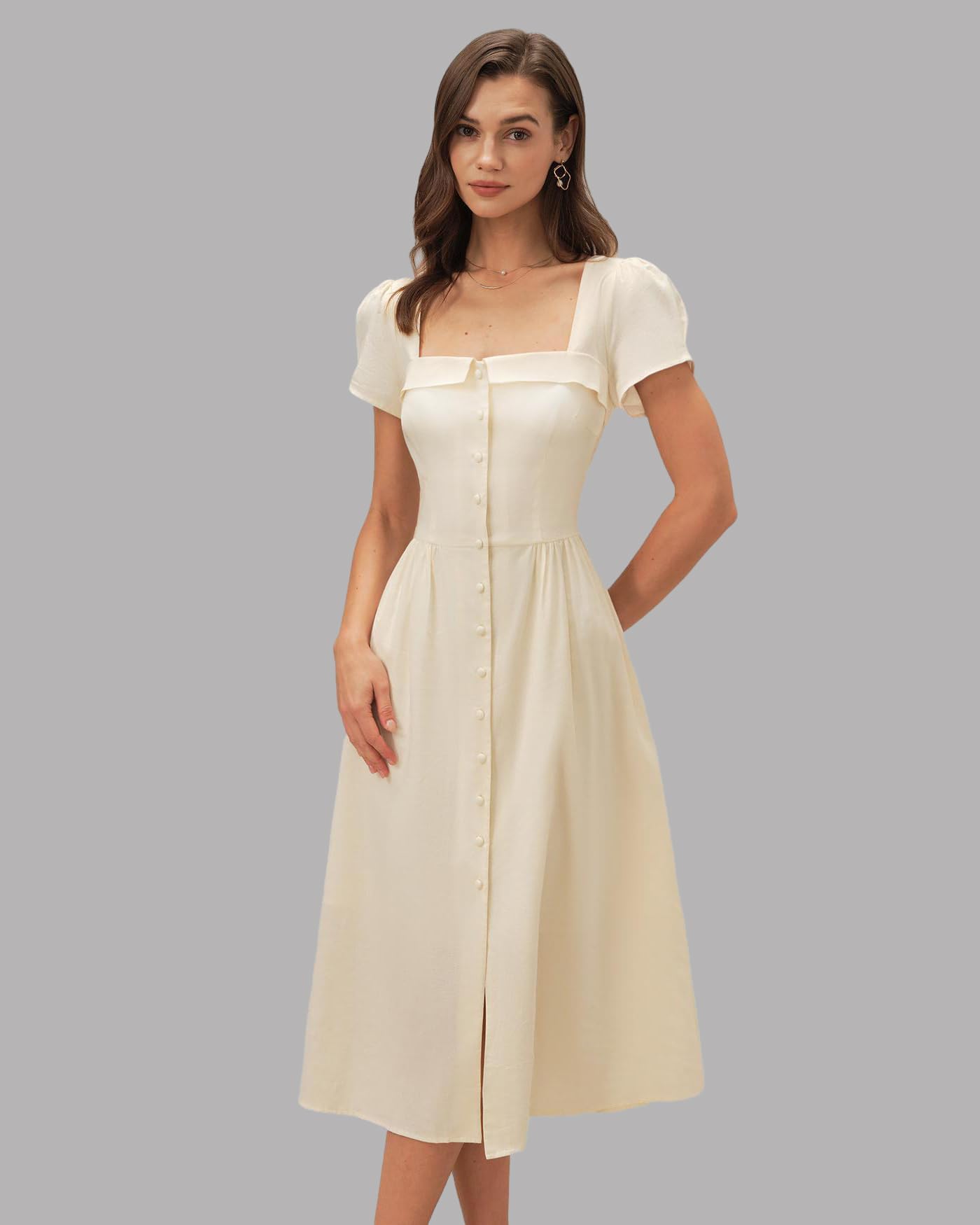 RIHOAS Elegant Casual Dresses for Women Short Sleeve Puff Square Neck A-Line Midi Dress