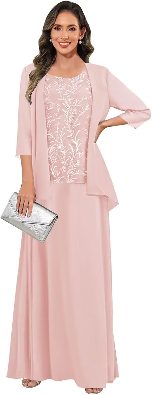 3 Pieces Mother of The Bride Dresses for Women 3/4 Sleeves Chiffon Lace Long Formal Wedding Guest Dress