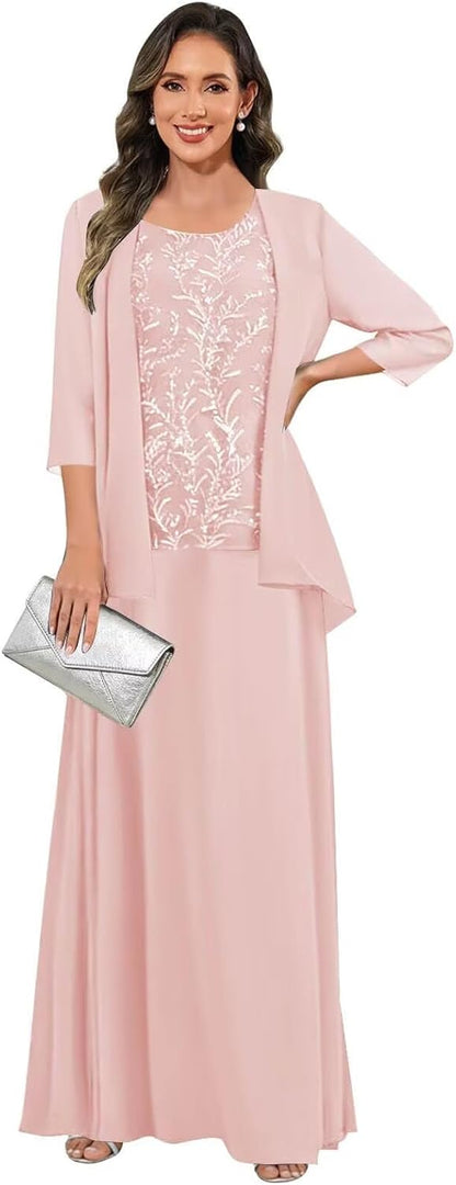 3 Pieces Mother of The Bride Dresses for Women 3/4 Sleeves Chiffon Lace Long Formal Wedding Guest Dress