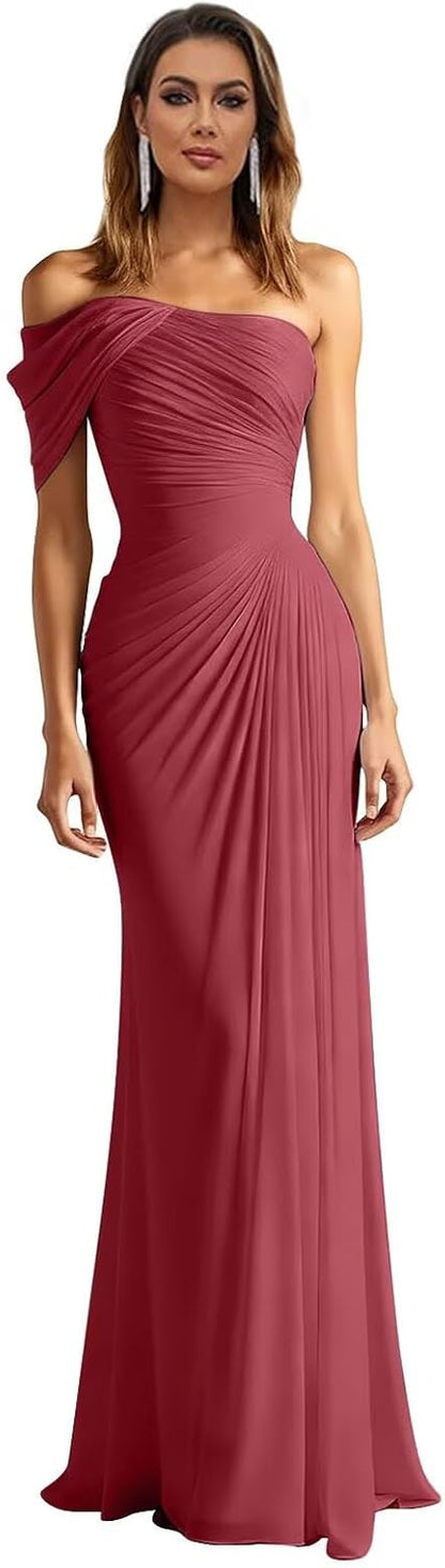 One Shoulder Chiffon Bridesmaid Dresses Pleated Mermaid Long Formal Gowns Wedding Guest Dress