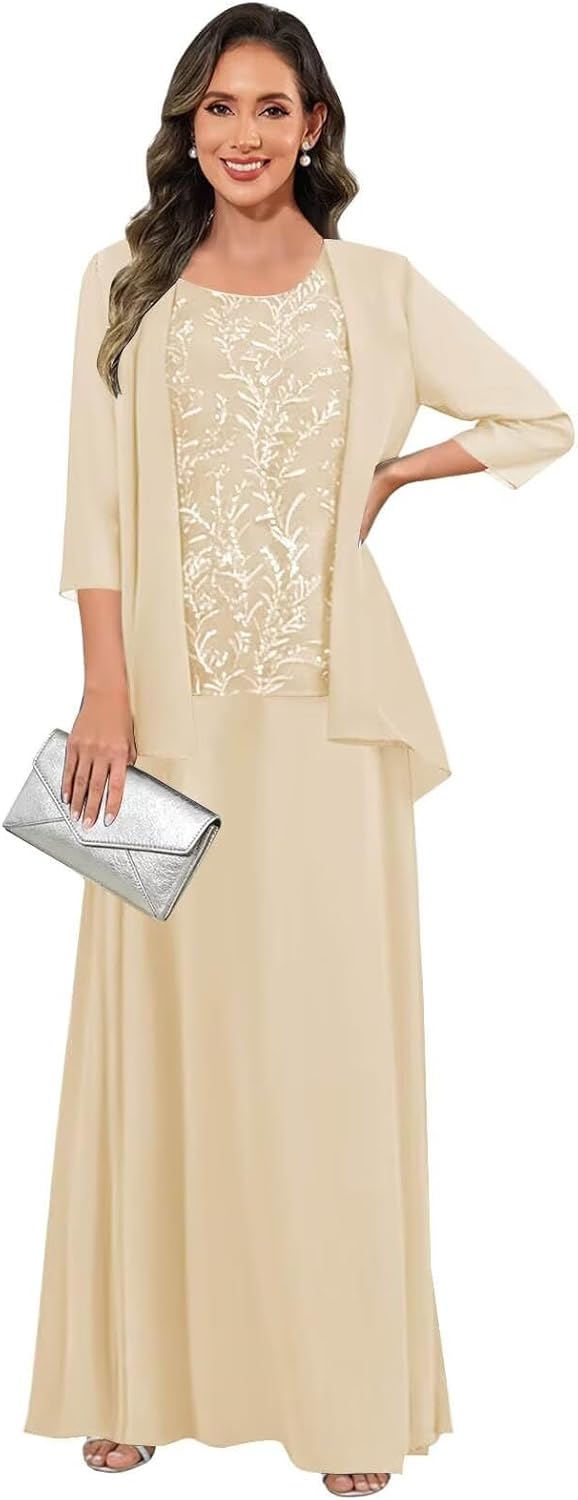 3 Pieces Mother of The Bride Dresses for Women 3/4 Sleeves Chiffon Lace Long Formal Wedding Guest Dress