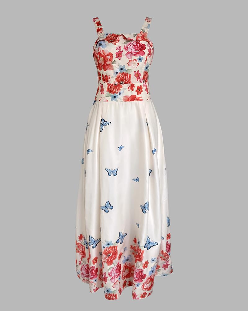 CHICME Women’s Floral Butterfly Print Linen Maxi Dress Quare Neck Strap Shirred Bodice Flowy Boho Summer Beach Dress