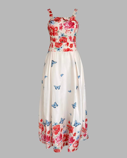 CHICME Women’s Floral Butterfly Print Linen Maxi Dress Quare Neck Strap Shirred Bodice Flowy Boho Summer Beach Dress