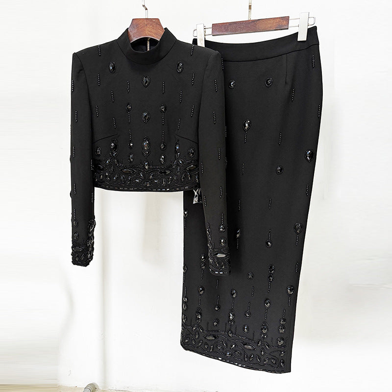Fashion New Heavy Industry Beads Diamond Inlaid Short Top Long Skirt Suit See size chart under “more details”