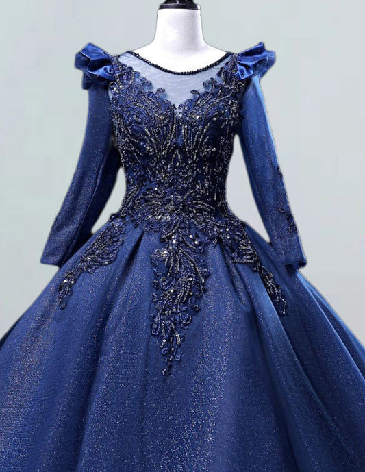 Navy Lace Applique Tulle Evening Gown | Scoop Neck Prom & Bridesmaid Dress