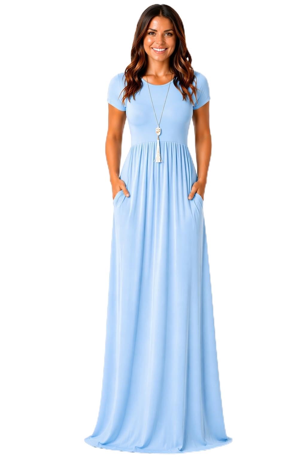 AUOMITH Women's 2026 Summer Short Sleeve Empire High Waist Long Maxi Dress with Pockets