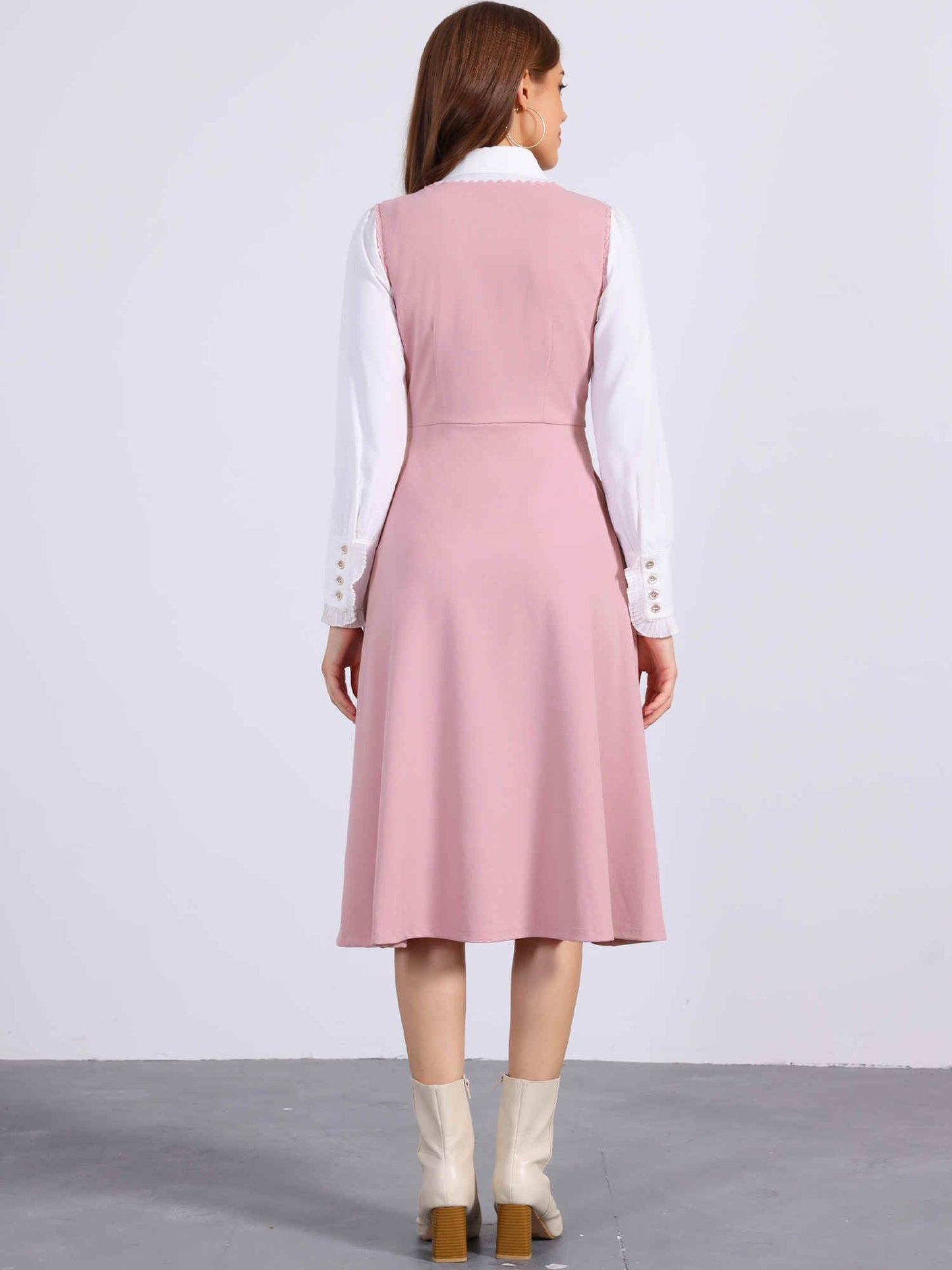 Allegra K Vintage Pinafore Dress for Women's 1950s Lace Trrim Midi Overall Dress with Pockets