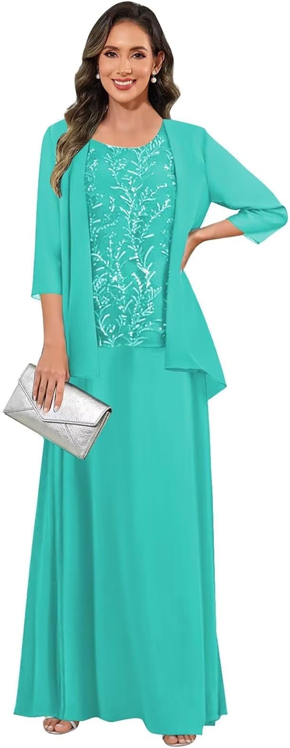 3 Pieces Mother of The Bride Dresses for Women 3/4 Sleeves Chiffon Lace Long Formal Wedding Guest Dress