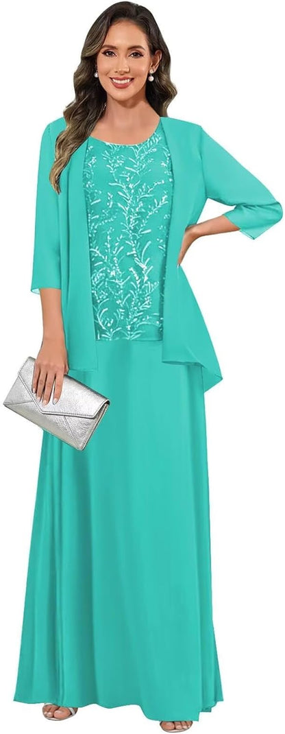 3 Pieces Mother of The Bride Dresses for Women 3/4 Sleeves Chiffon Lace Long Formal Wedding Guest Dress