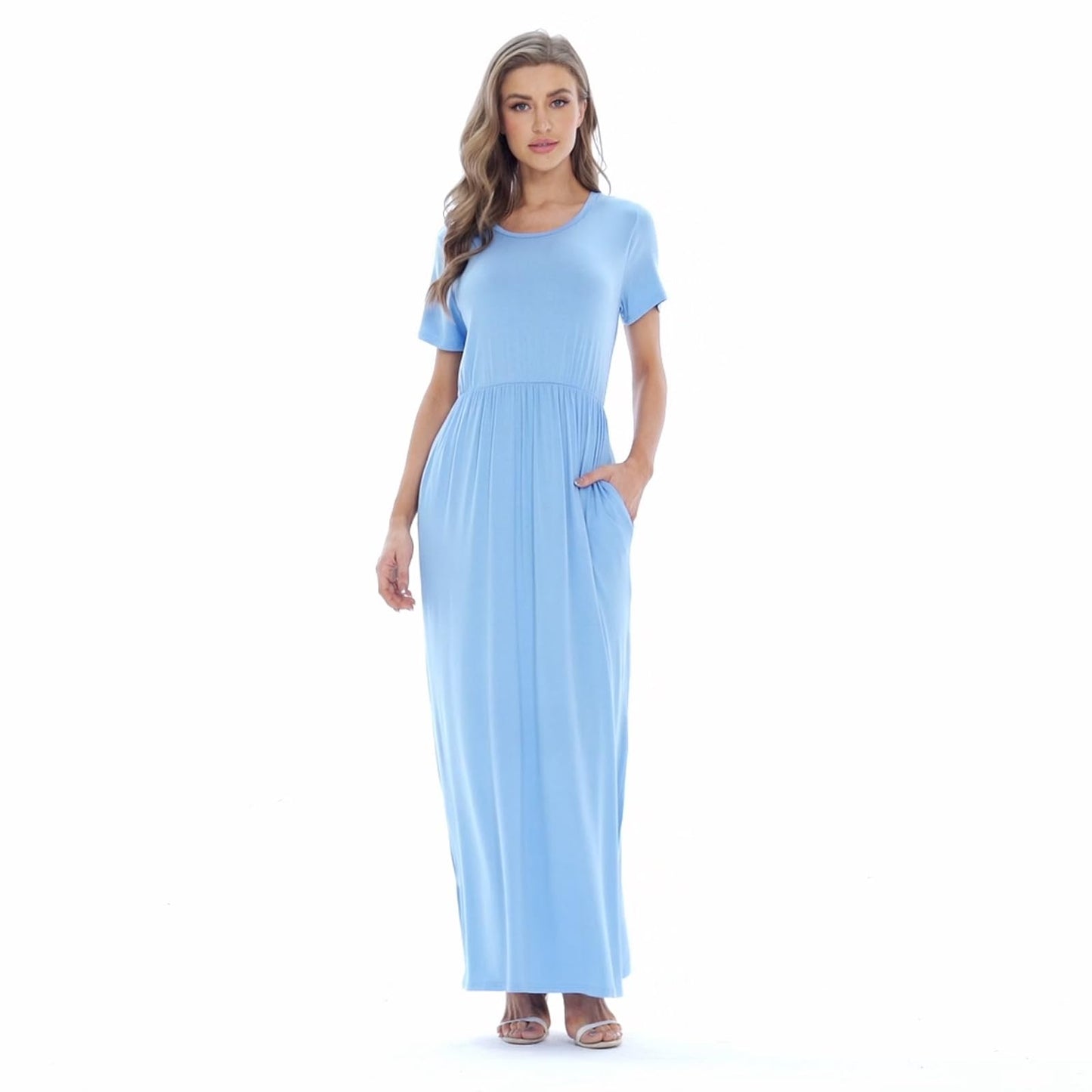 AUOMITH Women's 2026 Summer Short Sleeve Empire High Waist Long Maxi Dress with Pockets