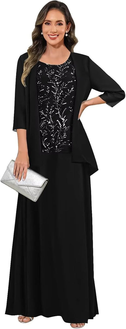 3 Pieces Mother of The Bride Dresses for Women 3/4 Sleeves Chiffon Lace Long Formal Wedding Guest Dress