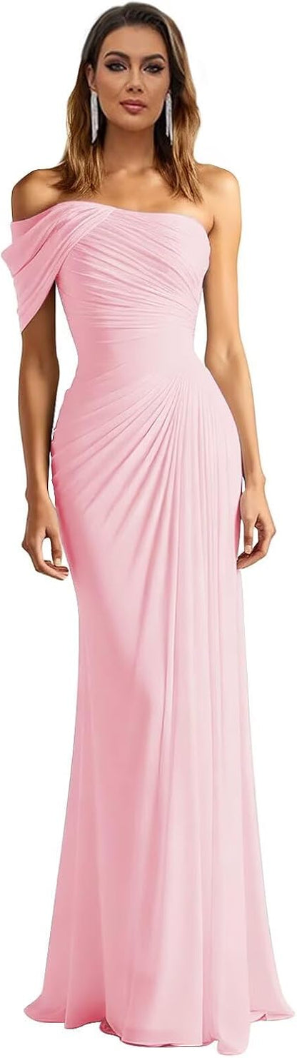 One Shoulder Chiffon Bridesmaid Dresses Pleated Mermaid Long Formal Gowns Wedding Guest Dress