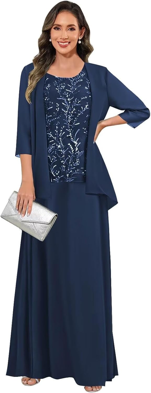 3 Pieces Mother of The Bride Dresses for Women 3/4 Sleeves Chiffon Lace Long Formal Wedding Guest Dress