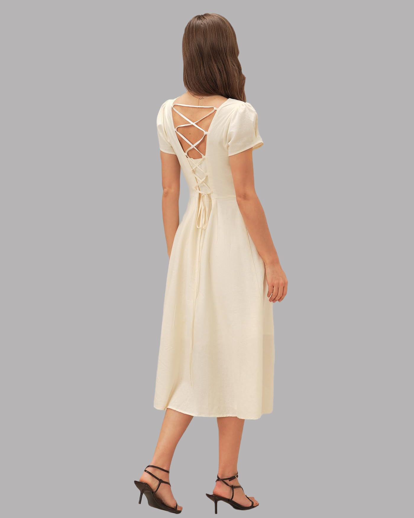 RIHOAS Elegant Casual Dresses for Women Short Sleeve Puff Square Neck A-Line Midi Dress