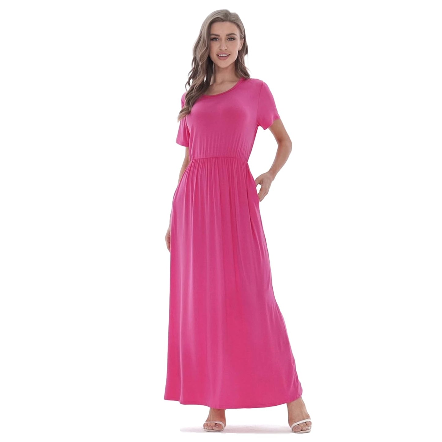 AUOMITH Women's 2026 Summer Short Sleeve Empire High Waist Long Maxi Dress with Pockets