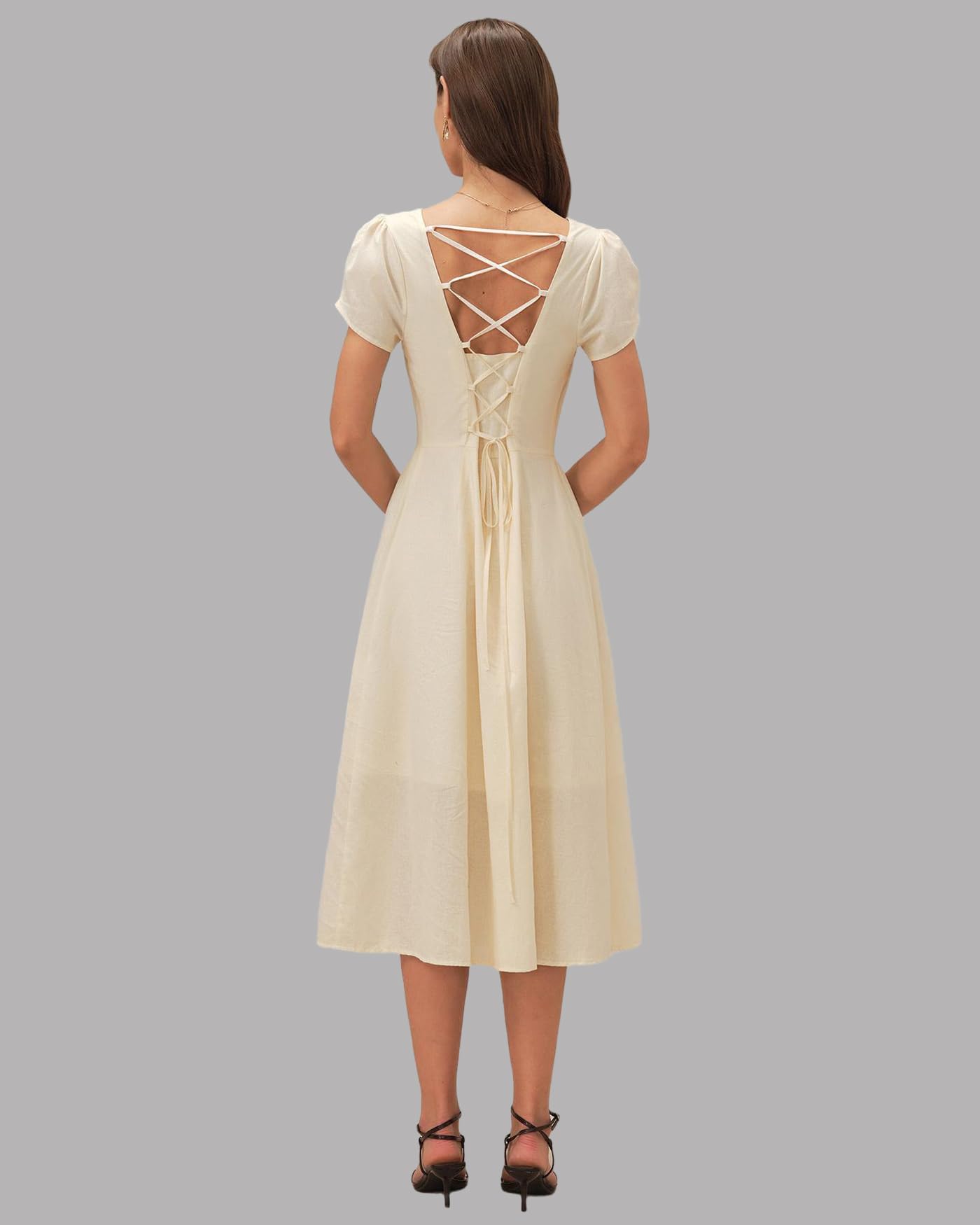 RIHOAS Elegant Casual Dresses for Women Short Sleeve Puff Square Neck A-Line Midi Dress