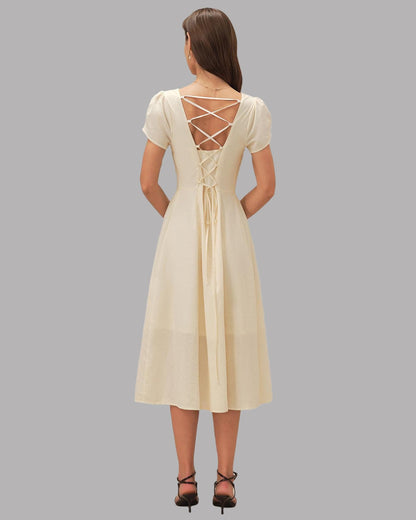 RIHOAS Elegant Casual Dresses for Women Short Sleeve Puff Square Neck A-Line Midi Dress