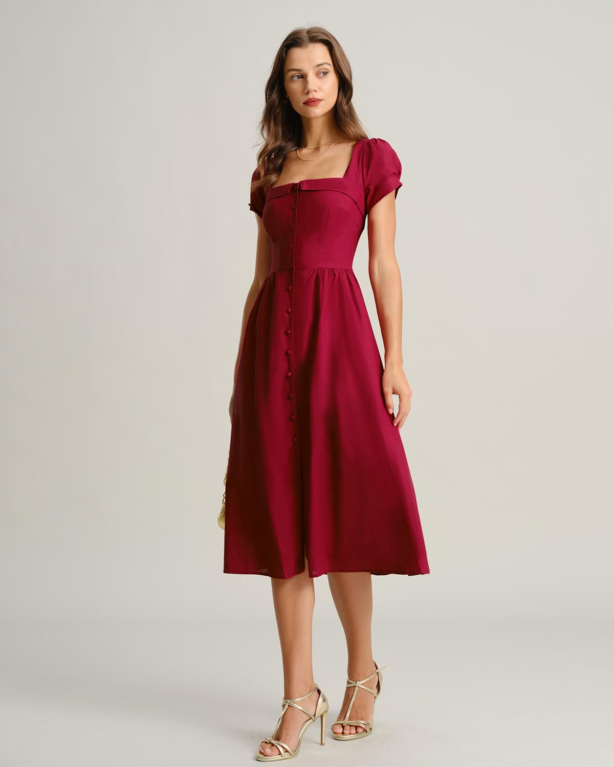RIHOAS Elegant Casual Dresses for Women Short Sleeve Puff Square Neck A-Line Midi Dress