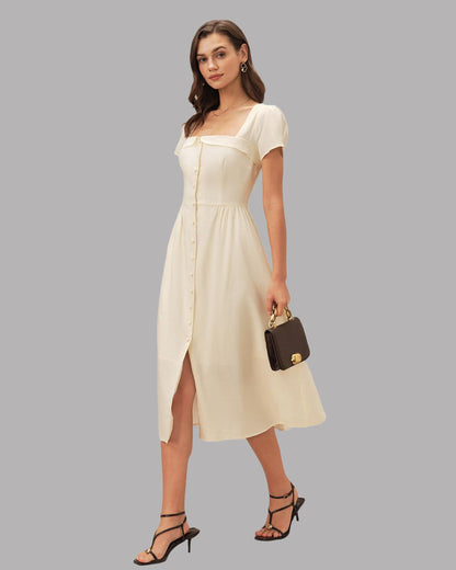RIHOAS Elegant Casual Dresses for Women Short Sleeve Puff Square Neck A-Line Midi Dress