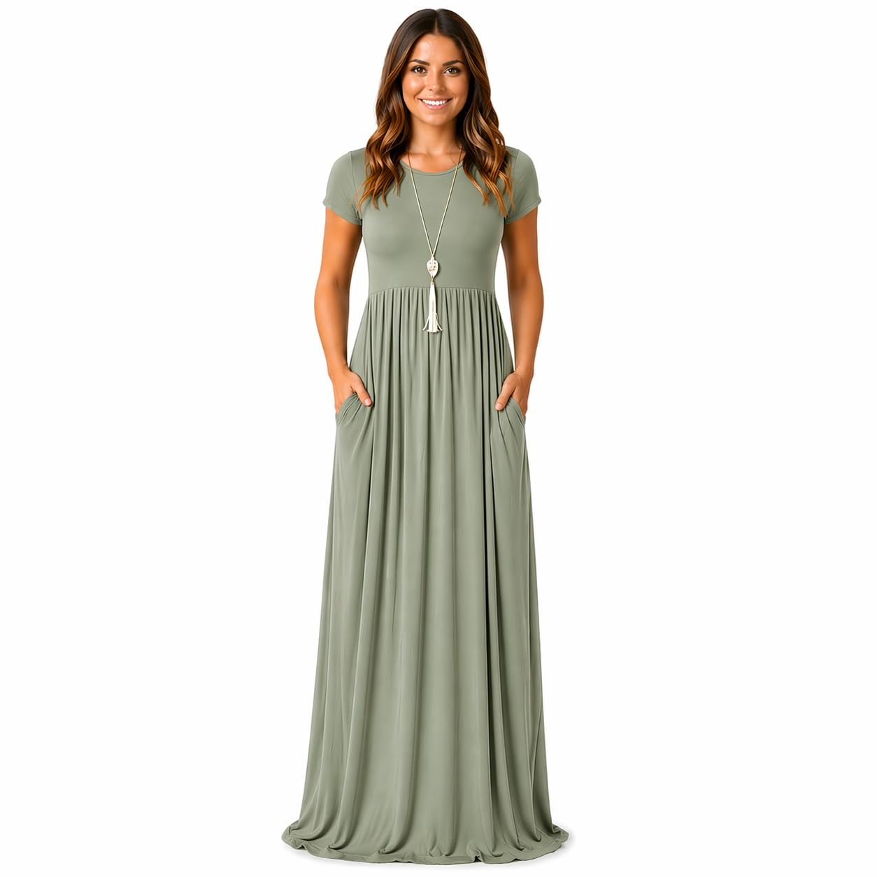 AUOMITH Women's 2026 Summer Short Sleeve Empire High Waist Long Maxi Dress with Pockets