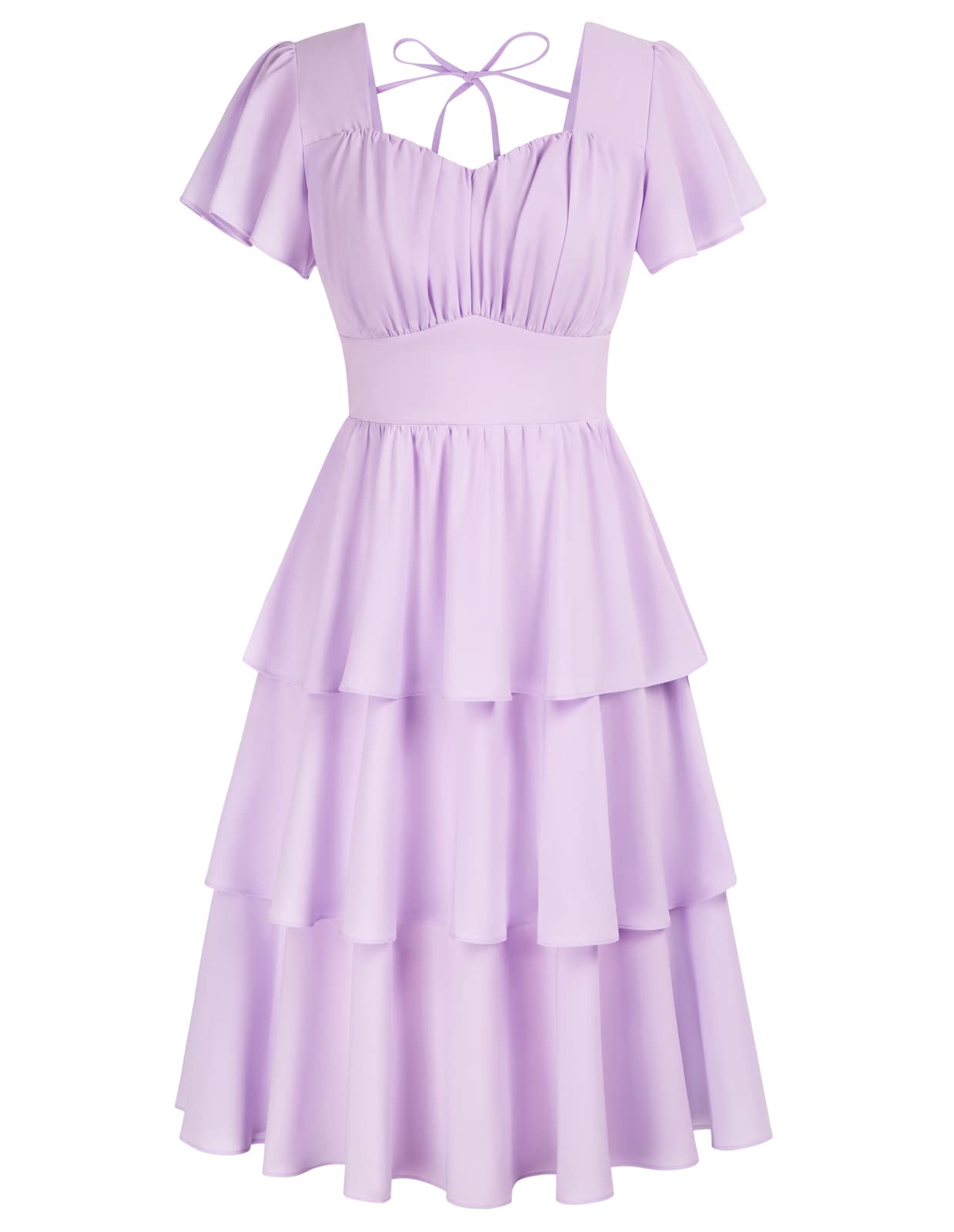 Belle Poque Women's Vintage Square Neck Dress 2026 Summer Short Sleeve Layered Tiered Ruffle A-line Swing Midi Dress