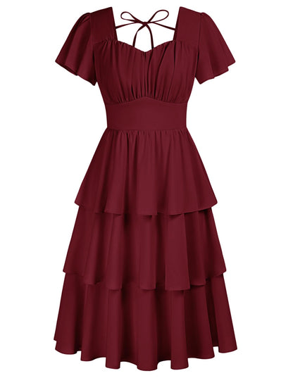 Belle Poque Women's Vintage Square Neck Dress 2026 Summer Short Sleeve Layered Tiered Ruffle A-line Swing Midi Dress
