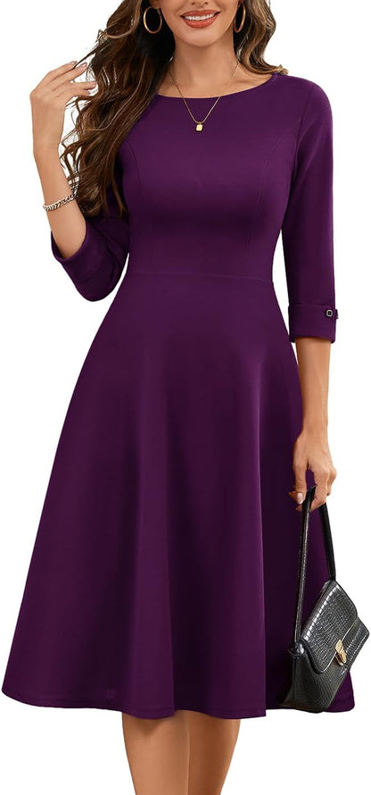 HomRain Women's Fit and Flare Midi Dress-3/4 Sleeve Modest Church Dress Classy Causal Work Dresses with Pockets