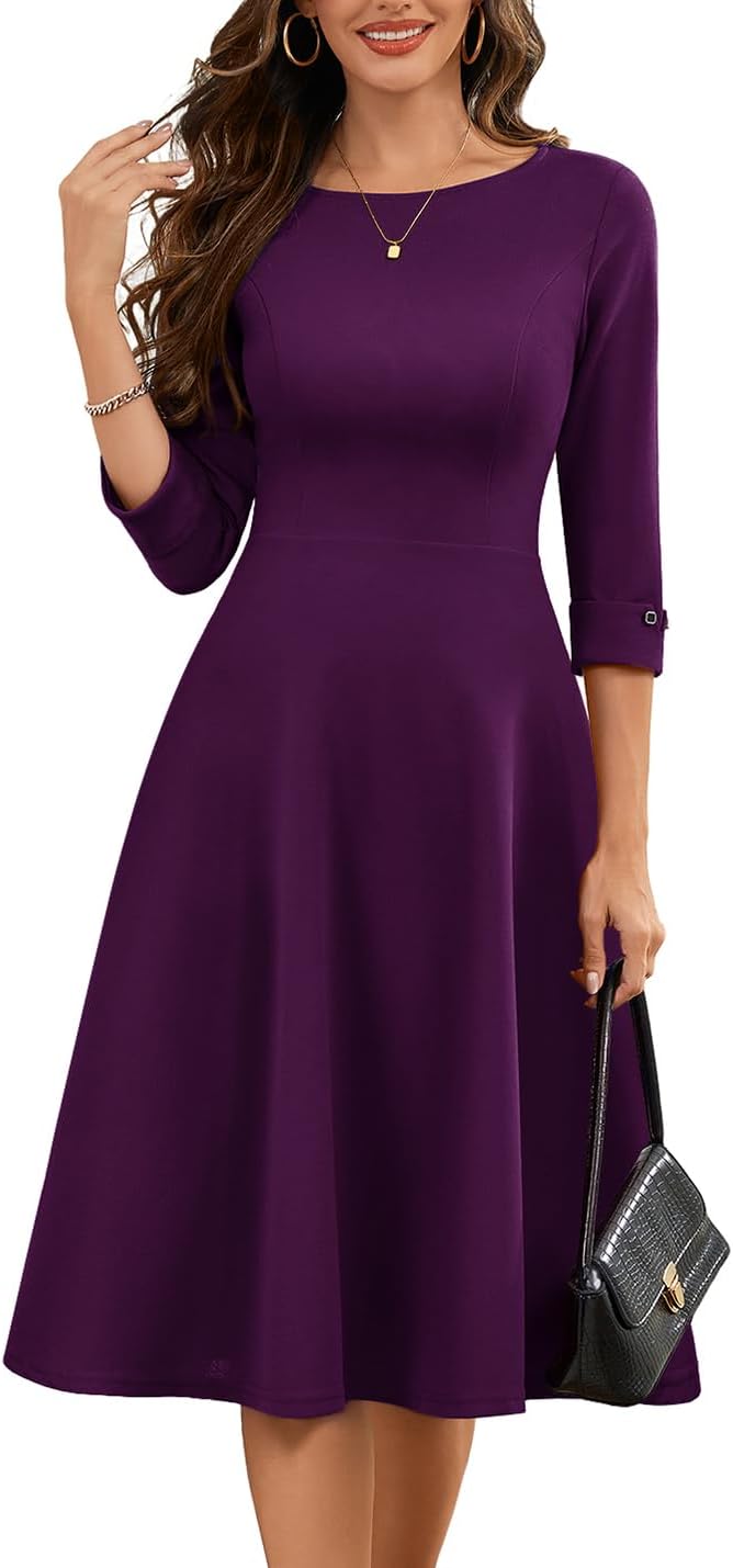HomRain Women's Fit and Flare Midi Dress-3/4 Sleeve Modest Church Dress Classy Causal Work Dresses with Pockets