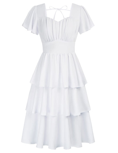 Belle Poque Women's Vintage Square Neck Dress 2026 Summer Short Sleeve Layered Tiered Ruffle A-line Swing Midi Dress