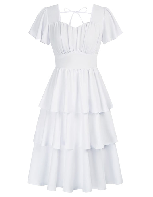 Belle Poque Women's Vintage Square Neck Dress 2026 Summer Short Sleeve Layered Tiered Ruffle A-line Swing Midi Dress