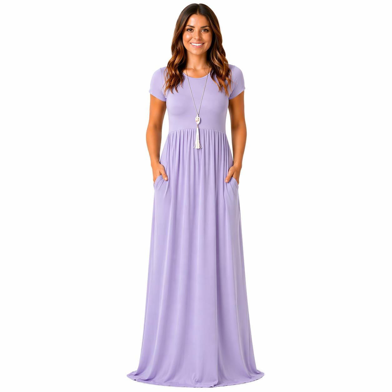 AUOMITH Women's 2026 Summer Short Sleeve Empire High Waist Long Maxi Dress with Pockets
