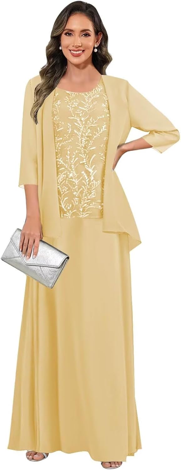 3 Pieces Mother of The Bride Dresses for Women 3/4 Sleeves Chiffon Lace Long Formal Wedding Guest Dress