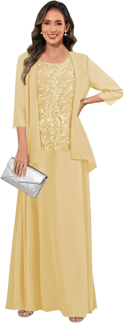 3 Pieces Mother of The Bride Dresses for Women 3/4 Sleeves Chiffon Lace Long Formal Wedding Guest Dress