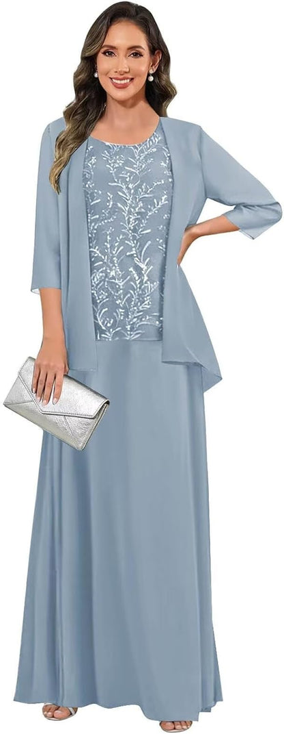 3 Pieces Mother of The Bride Dresses for Women 3/4 Sleeves Chiffon Lace Long Formal Wedding Guest Dress