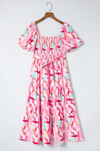 Abstract Brush Stroke Smocked Ruffle Tiered Dress