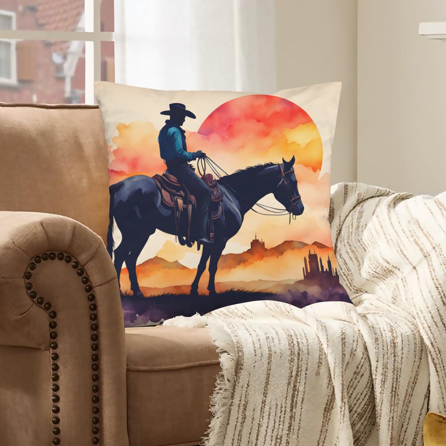 Baha Ranch Velvety Soft Watercolor Desert Cowboy Pillow Cover Made in America