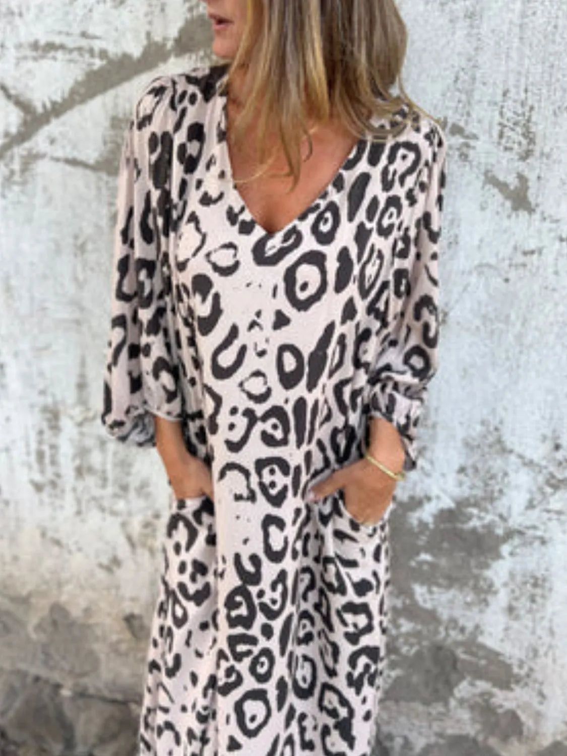 Printed V-Neck Dress with Pockets